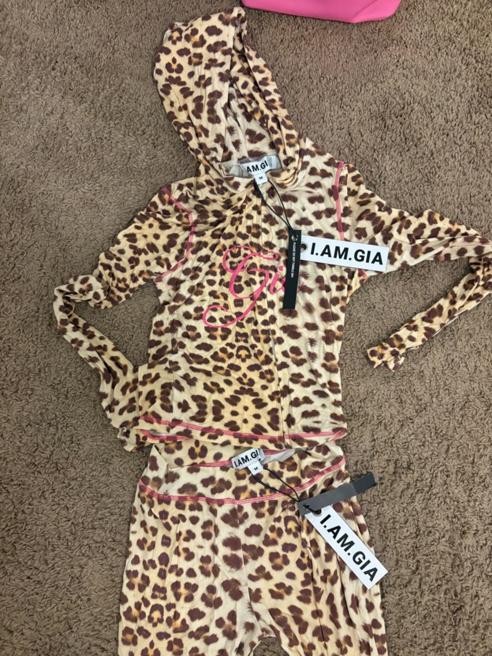 I.AM.GIA Girls' Leopard Hooded Pajama Set in Tan, Brown and Pink